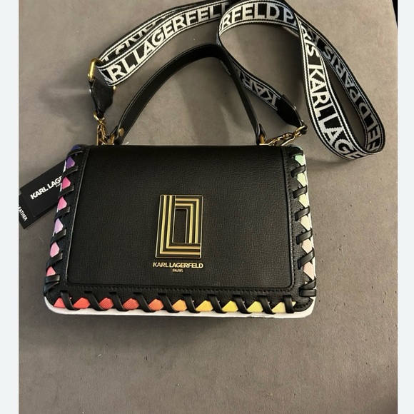 NWT Karl Lagerfield Black Paris Crossbody with Rainbow Stitching - Picture 2 of 3